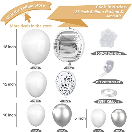 White Silver Latex Balloon Garland Kit Kelfara 127Pcs Different Sizes 18/12/10/5 inch Matte White Metallic Silver 4D Foil Balloons and Confetti Ballons for Anniversary Birthday Party Decoration