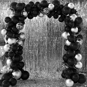 FEPITO 108 Pcs Black Silver Balloon Garland Arch Kit 5 10 12 18 Inches Black Silver Confetti Balloons for Birthday Wedding Bridal Baby Shower Graduation Party Decorations