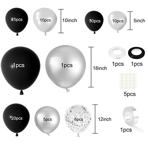 FEPITO 108 Pcs Black Silver Balloon Garland Arch Kit 5 10 12 18 Inches Black Silver Confetti Balloons for Birthday Wedding Bridal Baby Shower Graduation Party Decorations