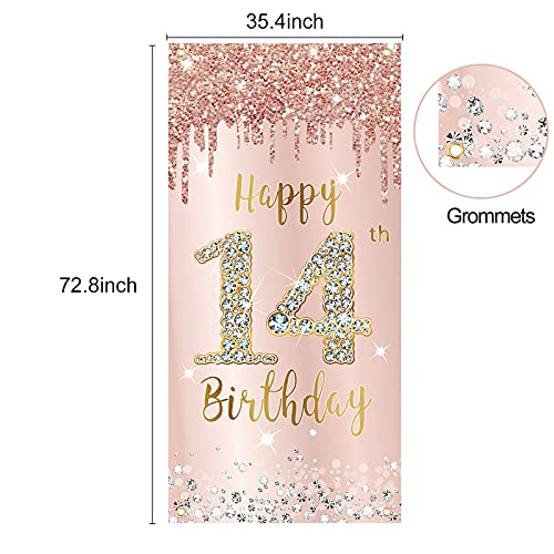 14th Birthday Door Banner Decorations for Girls, Pink Rose Gold Happy 14th Birthday Door Cover Backdrop Party Supplies, Large 14 Year Old Birthday Poster Sign Decor