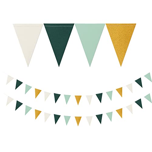 Sage Green Ivory Gold Pennant Banner,2 Pack Glitter Paper Triangle Flags,Baby Bridal Shower Safari Birthday Tropical Party Decorations Jungle Theme Wedding Bachelorette Engagement Bunting Lasting Surprise