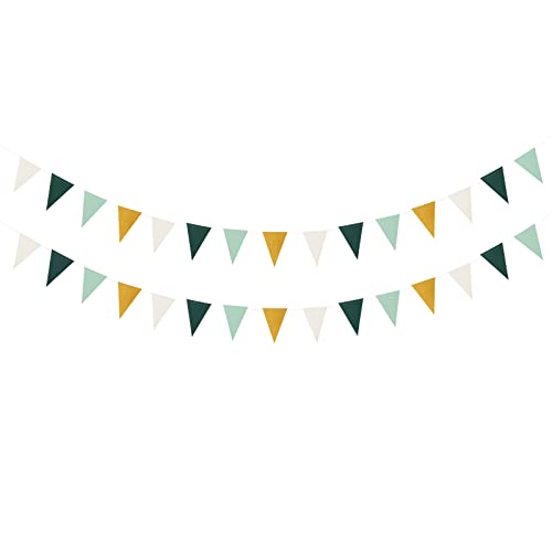 Sage Green Ivory Gold Pennant Banner,2 Pack Glitter Paper Triangle Flags,Baby Bridal Shower Safari Birthday Tropical Party Decorations Jungle Theme Wedding Bachelorette Engagement Bunting Lasting Surprise