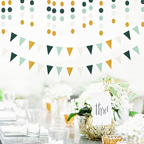 Sage Green Ivory Gold Pennant Banner,2 Pack Glitter Paper Triangle Flags,Baby Bridal Shower Safari Birthday Tropical Party Decorations Jungle Theme Wedding Bachelorette Engagement Bunting Lasting Surprise