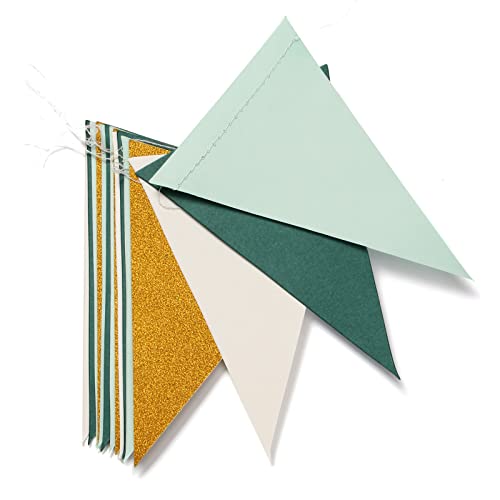Sage Green Ivory Gold Pennant Banner,2 Pack Glitter Paper Triangle Flags,Baby Bridal Shower Safari Birthday Tropical Party Decorations Jungle Theme Wedding Bachelorette Engagement Bunting Lasting Surprise