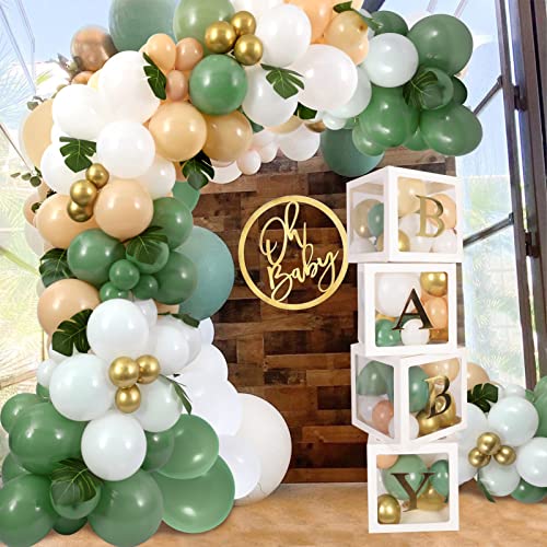 Golray 108pcs Baby Shower Boxes Decorations with Sage Green Balloon Garland Arch - 4 BABY Box Block and 30 Gold Letter, Leaf, Baby Boy Girl Gender Reveal 1st Birthday Safari Wild Party Decor Backdrop