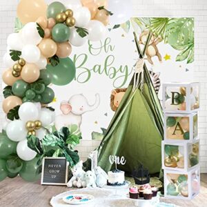 Golray 108pcs Baby Shower Boxes Decorations with Sage Green Balloon Garland Arch - 4 BABY Box Block and 30 Gold Letter, Leaf, Baby Boy Girl Gender Reveal 1st Birthday Safari Wild Party Decor Backdrop