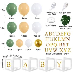 Golray 108pcs Baby Shower Boxes Decorations with Sage Green Balloon Garland Arch - 4 BABY Box Block and 30 Gold Letter, Leaf, Baby Boy Girl Gender Reveal 1st Birthday Safari Wild Party Decor Backdrop