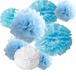 18pcs tissue hanging paper pom-poms, hmxpls flower ball wedding party outdoor decoration premium tissue paper pom pom flowers craft kit (blue & white), 8″/ 10″/ 12″
