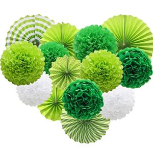 green hanging paper party decorations, round paper fans set paper pom poms flowers for birthday wedding graduation baby shower events accessories