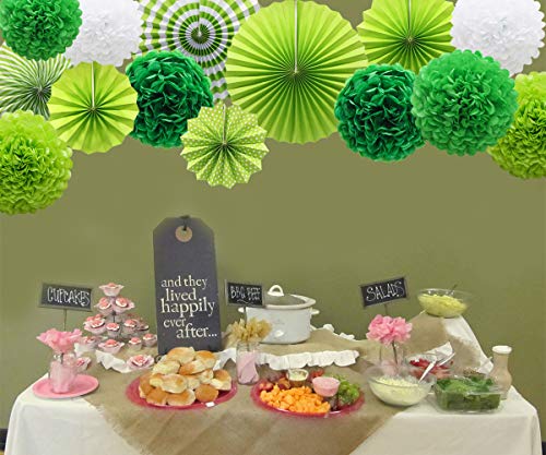 Green Hanging Paper Party Decorations, Round Paper Fans Set Paper Pom Poms Flowers for Birthday Wedding Graduation Baby Shower Events Accessories