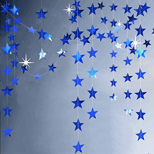 Decor365 Reflective Blue Star Garlands Streamer/Bunting/Backdrop Party Decoration Stars Hanging Decor for Frozen Birthday/Blue Silver Wedding/Engagement/Royal Baby Shower/Kids Room/Home Decorations