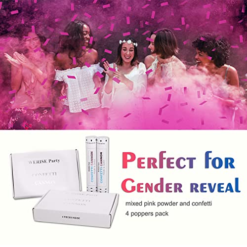 Gender Reveal Confetti Cannon Pink, WERISE Gender Reveal Smoke Bomb Only Pink with Biodegradable Confetti and Powder for Gender Reveal Party Supplies, Baby Girl Shower - 4 Pack (12 In)