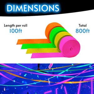 Glow King Black Light Streamers | 8 Pack of 100ft Fluorescent Rolls | Premium UV Reactive Neon Crepe Paper | Perfect for Blacklight Birthday Decorations and Events | Glow in the Dark Party Supplies