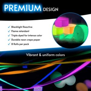 Glow King Black Light Streamers | 8 Pack of 100ft Fluorescent Rolls | Premium UV Reactive Neon Crepe Paper | Perfect for Blacklight Birthday Decorations and Events | Glow in the Dark Party Supplies