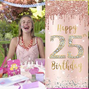 25th Birthday Door Banner Decorations for Women, Pink Rose Gold Happy 25 Birthday Backdrop Sign Party Supplies, Large 25 Year Old Birthday Poster Door Cover Decor