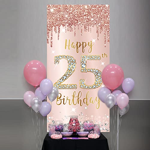 25th Birthday Door Banner Decorations for Women, Pink Rose Gold Happy 25 Birthday Backdrop Sign Party Supplies, Large 25 Year Old Birthday Poster Door Cover Decor