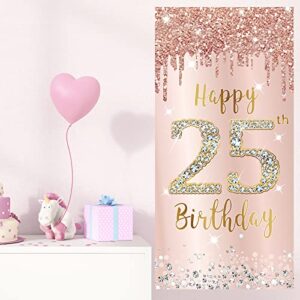 25th Birthday Door Banner Decorations for Women, Pink Rose Gold Happy 25 Birthday Backdrop Sign Party Supplies, Large 25 Year Old Birthday Poster Door Cover Decor