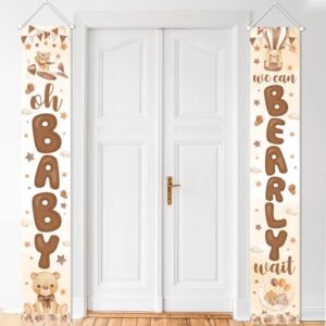 Bear Baby Shower Party Decoration-2 Pices We Can Bearly Wait Porch Sign Banner,Gender Reveal Banner Porch Sign for Welcome Baby Party,Gender Neutral Bear Photo Props Supplies Indoor Outdoor