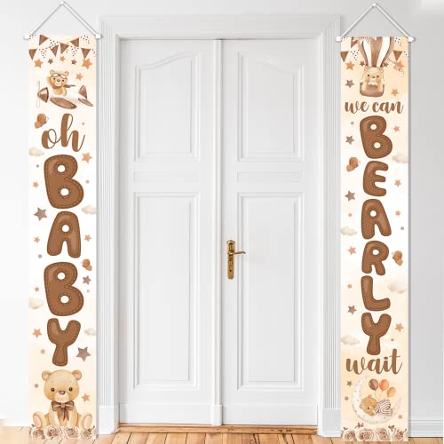 Bear Baby Shower Party Decoration-2 Pices We Can Bearly Wait Porch Sign Banner,Gender Reveal Banner Porch Sign for Welcome Baby Party,Gender Neutral Bear Photo Props Supplies Indoor Outdoor