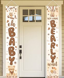 bear baby shower party decoration-2 pices we can bearly wait porch sign banner,gender reveal banner porch sign for welcome baby party,gender neutral bear photo props supplies indoor outdoor