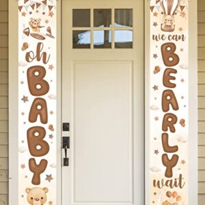 Bear Baby Shower Party Decoration-2 Pices We Can Bearly Wait Porch Sign Banner,Gender Reveal Banner Porch Sign for Welcome Baby Party,Gender Neutral Bear Photo Props Supplies Indoor Outdoor