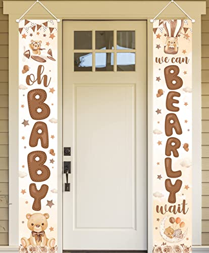 Bear Baby Shower Party Decoration-2 Pices We Can Bearly Wait Porch Sign Banner,Gender Reveal Banner Porch Sign for Welcome Baby Party,Gender Neutral Bear Photo Props Supplies Indoor Outdoor