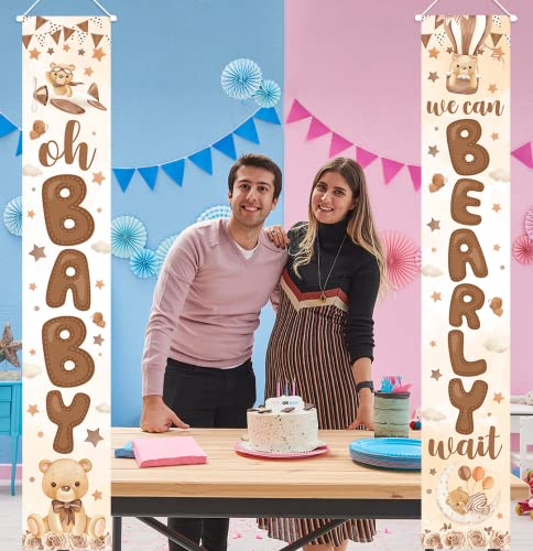 Bear Baby Shower Party Decoration-2 Pices We Can Bearly Wait Porch Sign Banner,Gender Reveal Banner Porch Sign for Welcome Baby Party,Gender Neutral Bear Photo Props Supplies Indoor Outdoor