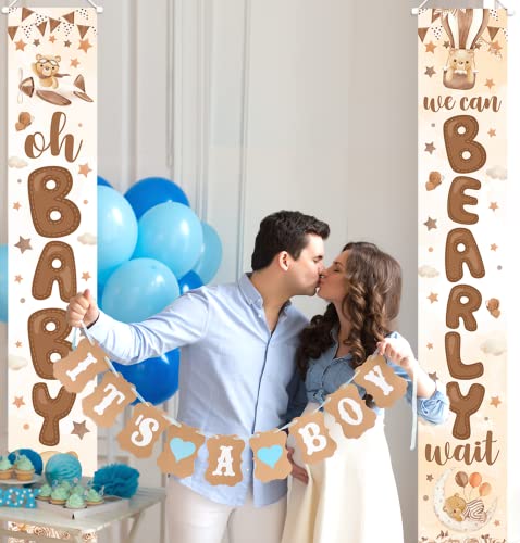 Bear Baby Shower Party Decoration-2 Pices We Can Bearly Wait Porch Sign Banner,Gender Reveal Banner Porch Sign for Welcome Baby Party,Gender Neutral Bear Photo Props Supplies Indoor Outdoor