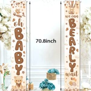 Bear Baby Shower Party Decoration-2 Pices We Can Bearly Wait Porch Sign Banner,Gender Reveal Banner Porch Sign for Welcome Baby Party,Gender Neutral Bear Photo Props Supplies Indoor Outdoor