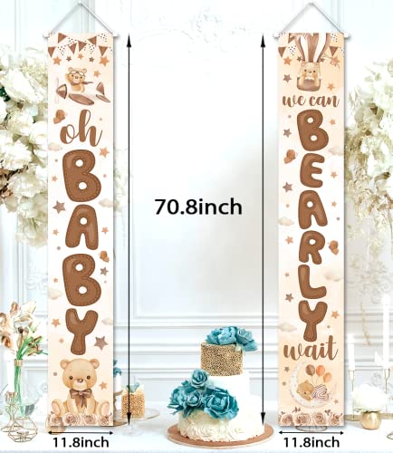 Bear Baby Shower Party Decoration-2 Pices We Can Bearly Wait Porch Sign Banner,Gender Reveal Banner Porch Sign for Welcome Baby Party,Gender Neutral Bear Photo Props Supplies Indoor Outdoor