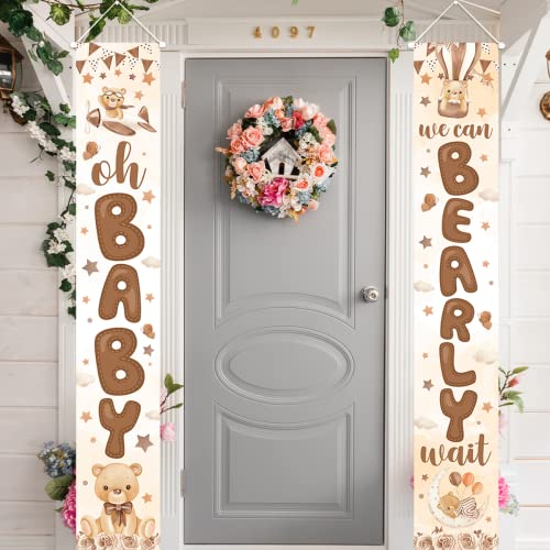 Bear Baby Shower Party Decoration-2 Pices We Can Bearly Wait Porch Sign Banner,Gender Reveal Banner Porch Sign for Welcome Baby Party,Gender Neutral Bear Photo Props Supplies Indoor Outdoor