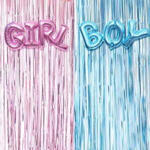 gender reveal decoration set – metallic fringe curtains + boy girl foil balloons gender reveals party photo backdrop (pink/blue)