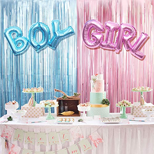 Gender Reveal Decoration Set - Metallic Fringe Curtains + BOY Girl Foil Balloons Gender Reveals Party Photo Backdrop (Pink/Blue)