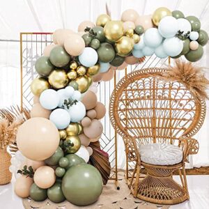 Woaipati Retro Avocado Green Balloon Garland Arch Kit Double-Stuffed Baby Blue Balloons Olive Balloon and Gold Metallic Chrome Latex Balloons Set for Wedding Birthday Balloons Baby Shower Decorations