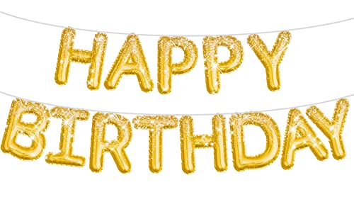 PartyWoo Happy Birthday Balloon Banner, 16 inch Gold Happy Birthday Sign, Mylar Foil Birthday Balloon, Inflatable Hanging Letter Kit for Gold Birthday Decorations