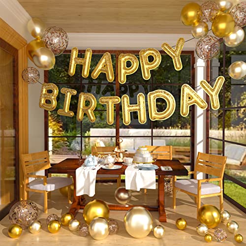 PartyWoo Happy Birthday Balloon Banner, 16 inch Gold Happy Birthday Sign, Mylar Foil Birthday Balloon, Inflatable Hanging Letter Kit for Gold Birthday Decorations