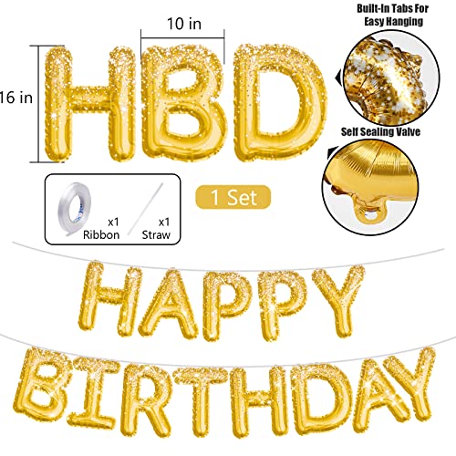 PartyWoo Happy Birthday Balloon Banner, 16 inch Gold Happy Birthday Sign, Mylar Foil Birthday Balloon, Inflatable Hanging Letter Kit for Gold Birthday Decorations