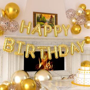 PartyWoo Happy Birthday Balloon Banner, 16 inch Gold Happy Birthday Sign, Mylar Foil Birthday Balloon, Inflatable Hanging Letter Kit for Gold Birthday Decorations