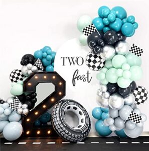race car balloon garland kit 130pcs two fast birthday decorations blue and green white & checkered flag balloons, race cars party supplies