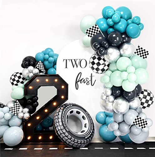 Race Car Balloon Garland Kit 130Pcs Two Fast Birthday Decorations Blue and Green White & Checkered Flag Balloons, Race Cars Party Supplies