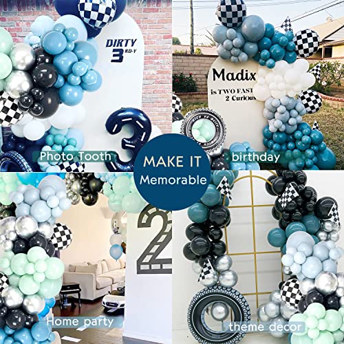 Race Car Balloon Garland Kit 130Pcs Two Fast Birthday Decorations Blue and Green White & Checkered Flag Balloons, Race Cars Party Supplies