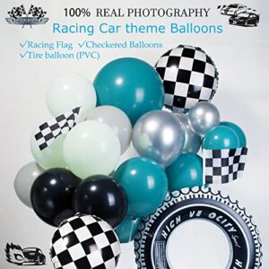 Race Car Balloon Garland Kit 130Pcs Two Fast Birthday Decorations Blue and Green White & Checkered Flag Balloons, Race Cars Party Supplies