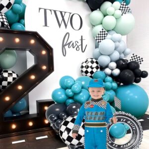 Race Car Balloon Garland Kit 130Pcs Two Fast Birthday Decorations Blue and Green White & Checkered Flag Balloons, Race Cars Party Supplies