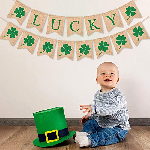 2 Pack St Patrick's Banner Burlap, Lucky Shamrock Burlap Garland Banners, St. Patrick's Day Decorations | Irish Lucky Day Home Decor | Mantel Fireplace Decor