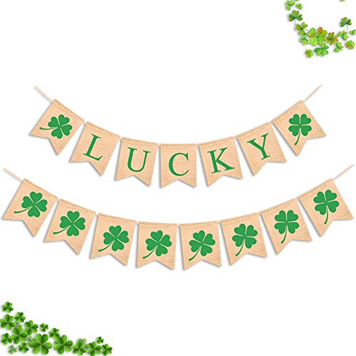 2 Pack St Patrick's Banner Burlap, Lucky Shamrock Burlap Garland Banners, St. Patrick's Day Decorations | Irish Lucky Day Home Decor | Mantel Fireplace Decor