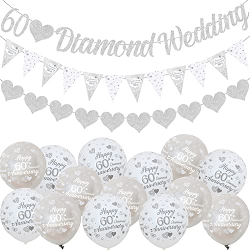 60th Anniversary Decorations, 60th Diamond Wedding Glitter Banners, 60th Anniversary Bunting Flag and Balloons for Anniversary Party Supplies