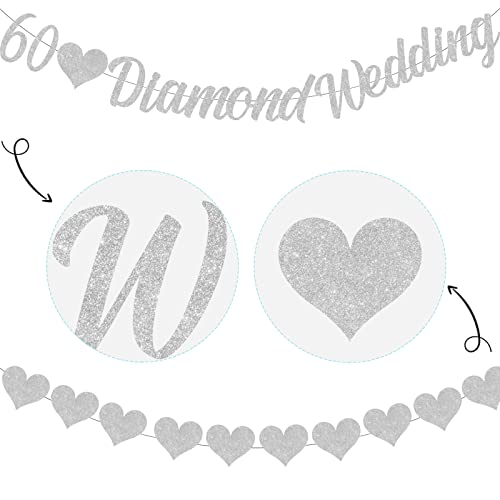 60th Anniversary Decorations, 60th Diamond Wedding Glitter Banners, 60th Anniversary Bunting Flag and Balloons for Anniversary Party Supplies