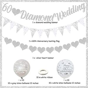 60th Anniversary Decorations, 60th Diamond Wedding Glitter Banners, 60th Anniversary Bunting Flag and Balloons for Anniversary Party Supplies