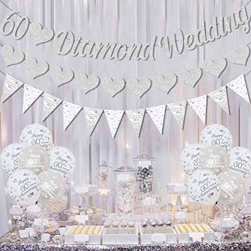 60th Anniversary Decorations, 60th Diamond Wedding Glitter Banners, 60th Anniversary Bunting Flag and Balloons for Anniversary Party Supplies