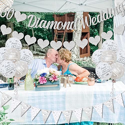 60th Anniversary Decorations, 60th Diamond Wedding Glitter Banners, 60th Anniversary Bunting Flag and Balloons for Anniversary Party Supplies